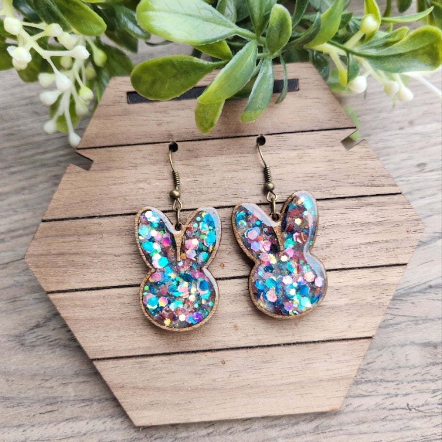 Multi Colored Glitter Resin And Wood Bunny Head Earrings Kaylee s Kreations